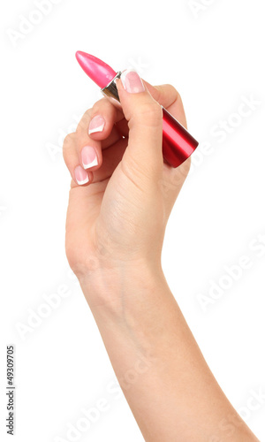 Photo: Writing hand with lipstick isolated on white Writing hand with lipstick isolated on white