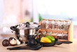 composition of kitchen tools,spices and vegetables