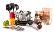 composition of kitchen tools,spices and vegetables isolated