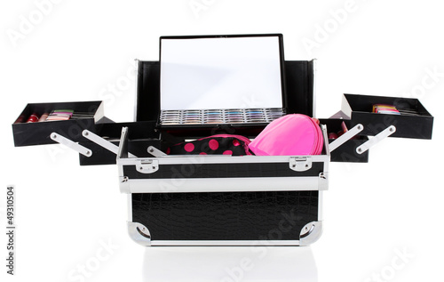 Photo: open case with cosmetics isolated on white open case with cosmetics isolated on white