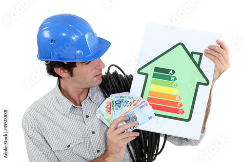 Photo: craftsman holding an energy consumption label craftsman holding an energy consumption label