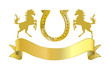 Goldenes Reiterabzeichen mit Hufeiesen und Schriftband