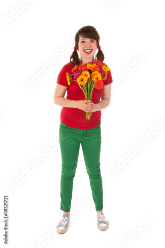 Photo: Young girl happy with flowers Young girl happy with flowers