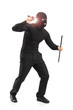 Robber with robbery mask holding a flashlight and piece of pipe
