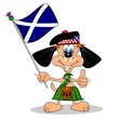 Cartoon dog in a kilt with falg of Scotland