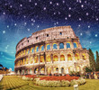 Dramatic sky above Colosseum in Rome. Night view of Flavian Amph
