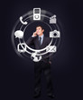 Businessman on the phone looking at wheel of applications light up