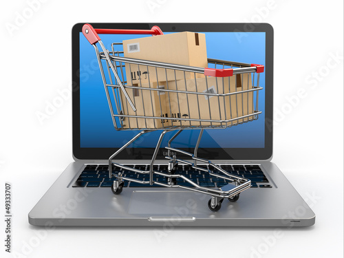 Illustration: E-commerce. Shopping cart on laptop. E-commerce. Shopping cart on laptop.