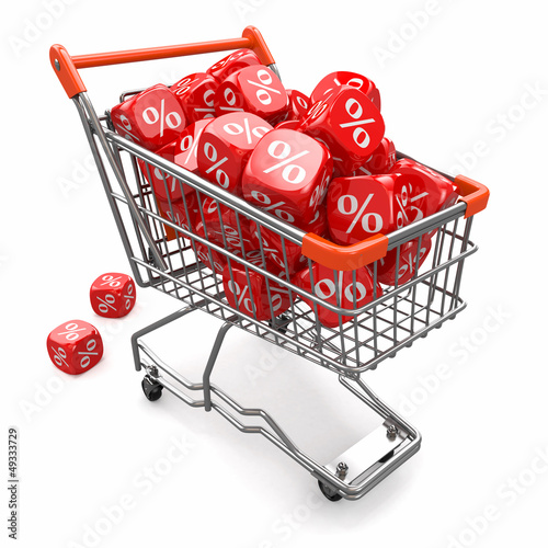 Illustration: Discounts. Shopping cart and cubes with percent Discounts. Shopping cart and cubes with percent