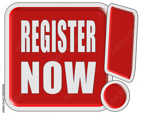 Illustration: !-Schild rot quad REGISTER NOW !-Schild rot quad REGISTER NOW