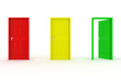 three doors in a a row - red, yellow, green - green door open
