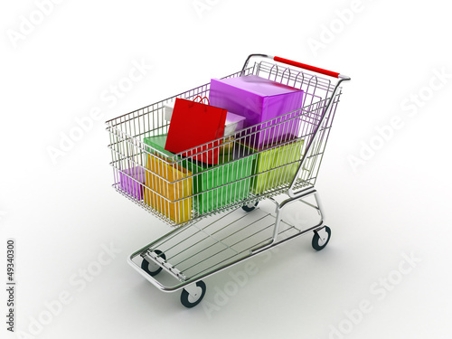 Illustration: Shopping cart with gifts & bags Shopping cart with gifts & bags