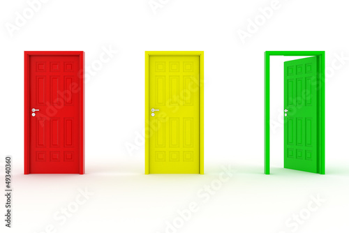 Illustration: three doors in a a row - red, yellow, green - green door open three doors in a a row - red, yellow, green - green door open