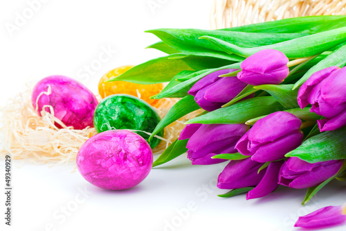 Photo: Easter eggs and flower tulips Easter eggs and flower tulips