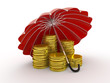 Stacks of golden coins covered by red umbrella