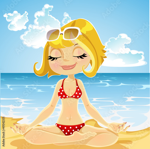 Vector: Lovely blonde in a bathing suit practices yoga on beach Lovely blonde in a bathing suit practices yoga on beach