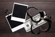 handcuffs money and old photos detective concept