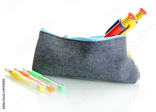 Photo: pencil box with school equipment isolated on white pencil box with school equipment isolated on white