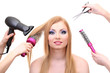 Beautiful woman and hands with brushes, scissors and hairdryer