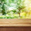 Empty wooden deck table with park bokeh background.