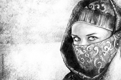 Illustration: Illustration art, woman dressed in Arab costume, desert in the b Illustration art, woman dressed in Arab costume, desert in the b