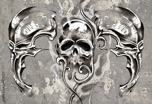 Illustration: Tattoo art, 3 skulls over grey background, Sketch Tattoo art, 3 skulls over grey background, Sketch