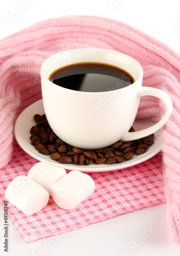 Photo: cup of coffee with scarf isolated on white cup of coffee with scarf isolated on white