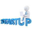 3d man sitting with a laptop on the word startup