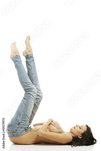 Photo: Beautiful fit sexy topless woman in blue jeans Beautiful fit sexy topless woman in blue jeans