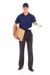 delivery man carrying a parcel and presenting receiving form