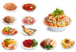 Set of many plates with food