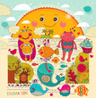 Vector cartoon illustration with happy frogs