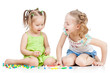 children sisters paly together, isolated on white background