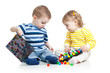 kids boy and girl play together, isolated on white background