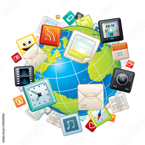 Vector: Icons Flying Around World Globe. Vector Graphics Icons Flying Around World Globe. Vector Graphics