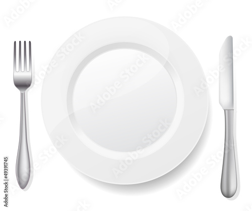 Vector: plate with knife and fork on white plate with knife and fork on white