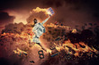 Image of running businesswoman with a fire