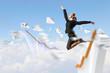 businesswoman in black suit jumping