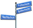 Schichtarbeit - Überstunden. Richtungspfeile Frühschicht, Spä