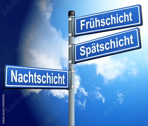Illustration: Schichtarbeit - Überstunden. Richtungspfeile Frühschicht, Spä Schichtarbeit - Überstunden. Richtungspfeile Frühschicht, Spä