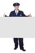 Portrait Of Happy Pilot Holding Blank Placard