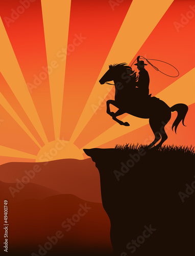 Vector: cowboy on top of mountain at sunset cowboy on top of mountain at sunset
