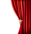 Background with red velvet curtain and hand. Vector illustration