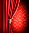 Background with red velvet curtain and hand. Vector illustration