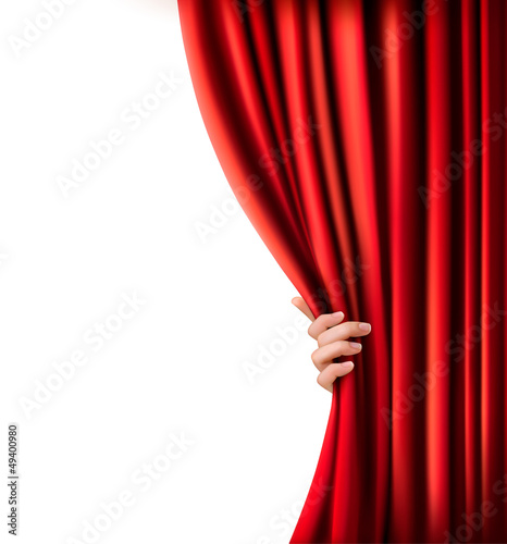 Vector: Background with red velvet curtain and hand. Vector illustration Background with red velvet curtain and hand. Vector illustration