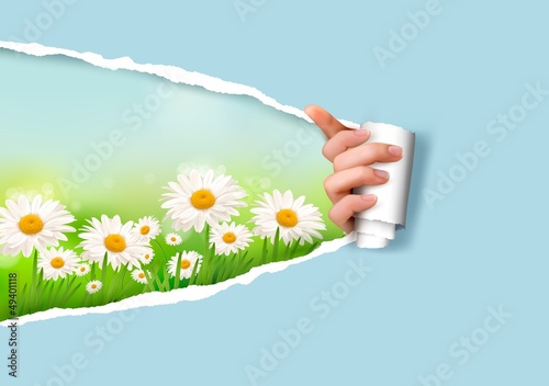 Vector: Nature background with flowers and ripped paper. Vector illustra Nature background with flowers and ripped paper. Vector illustra