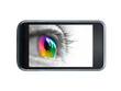 Oeil multicolore sur un écran de téléphone portable