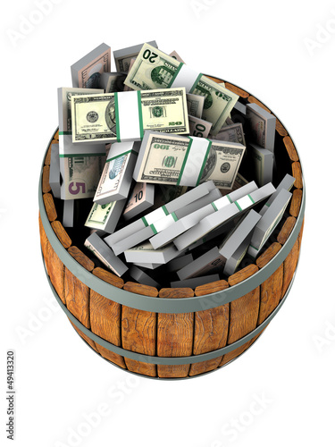 Illustration: A lot of dollars in a wooden barrel. Isolated on white A lot of dollars in a wooden barrel. Isolated on white