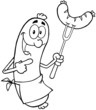 Outlined Sausage Cartoon Mascot Character With Sausage On Fork