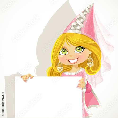 Vector: Pretty princess in a pink dress holding a blank banner Pretty princess in a pink dress holding a blank banner